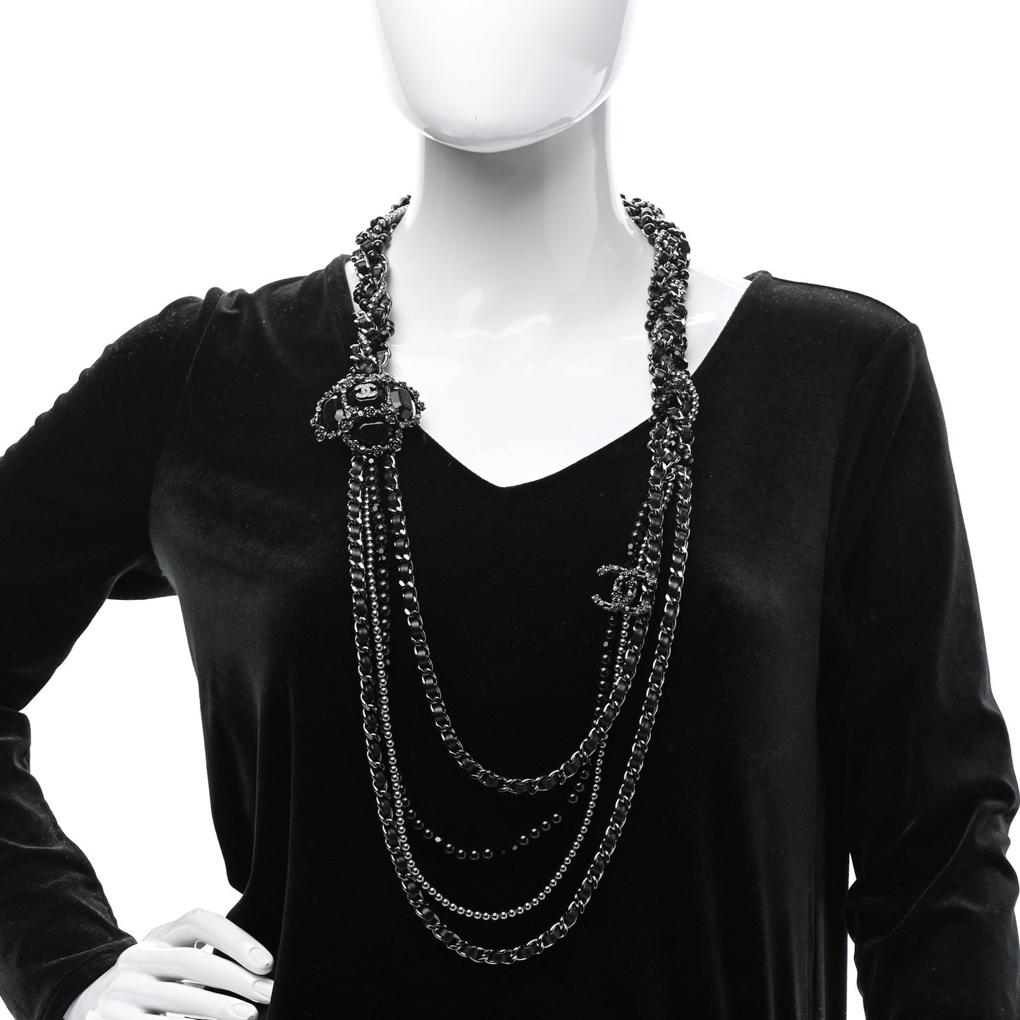 Strass Glass Pearl Lambskin Long Beaded CC Necklace Ruthenium Black Grey