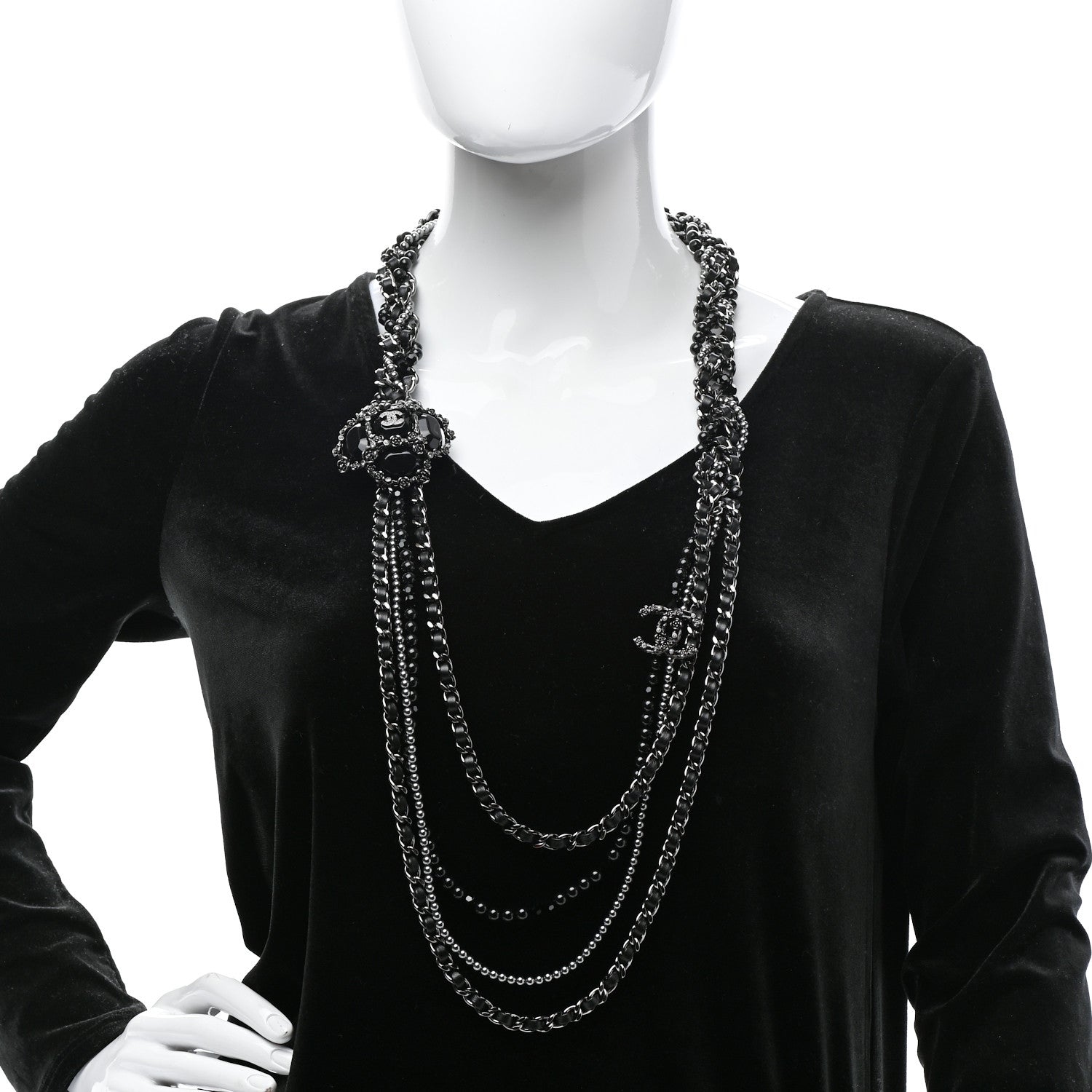 Chanel Strass Glass Pearl Lambskin Long Beaded CC Necklace Ruthenium Black Grey 2 of 7