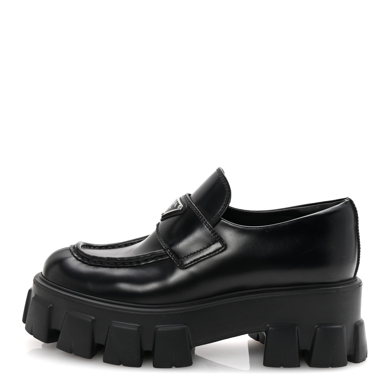 Prada Spazzolato Rois Metal Triangle Logo Monolith 55mm Loafers 38 Black 1 of 9