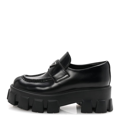 Prada Spazzolato Rois Metal Triangle Logo Monolith 55mm Loafers 38 Black 1 of 9