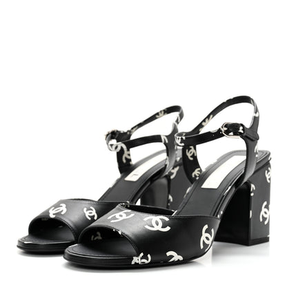 Chanel Lambskin Printed Coco Beach Sandals 40 Black White 3 of 14