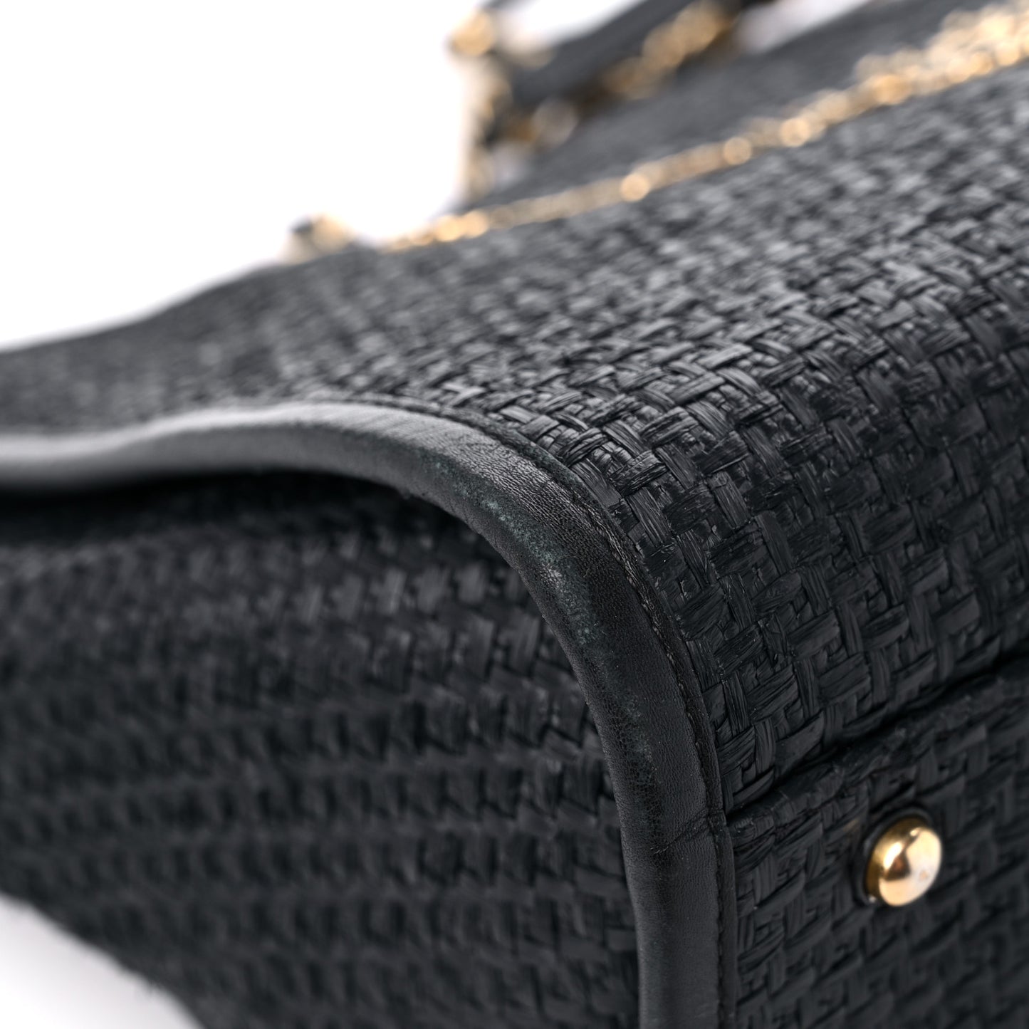 Straw Raffia Calfskin Chain Small Deauville Tote Black