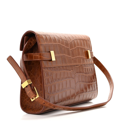 Saint Laurent Shiny Calfskin Crocodile Embossed Small Manhattan Baguette Dark Caramel 3 of 10