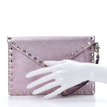 Valentino Garavani Metallic Pebbled Calfskin Medium Rockstud Envelope Flat Wristlet Pouch Giacinto 2 of 6