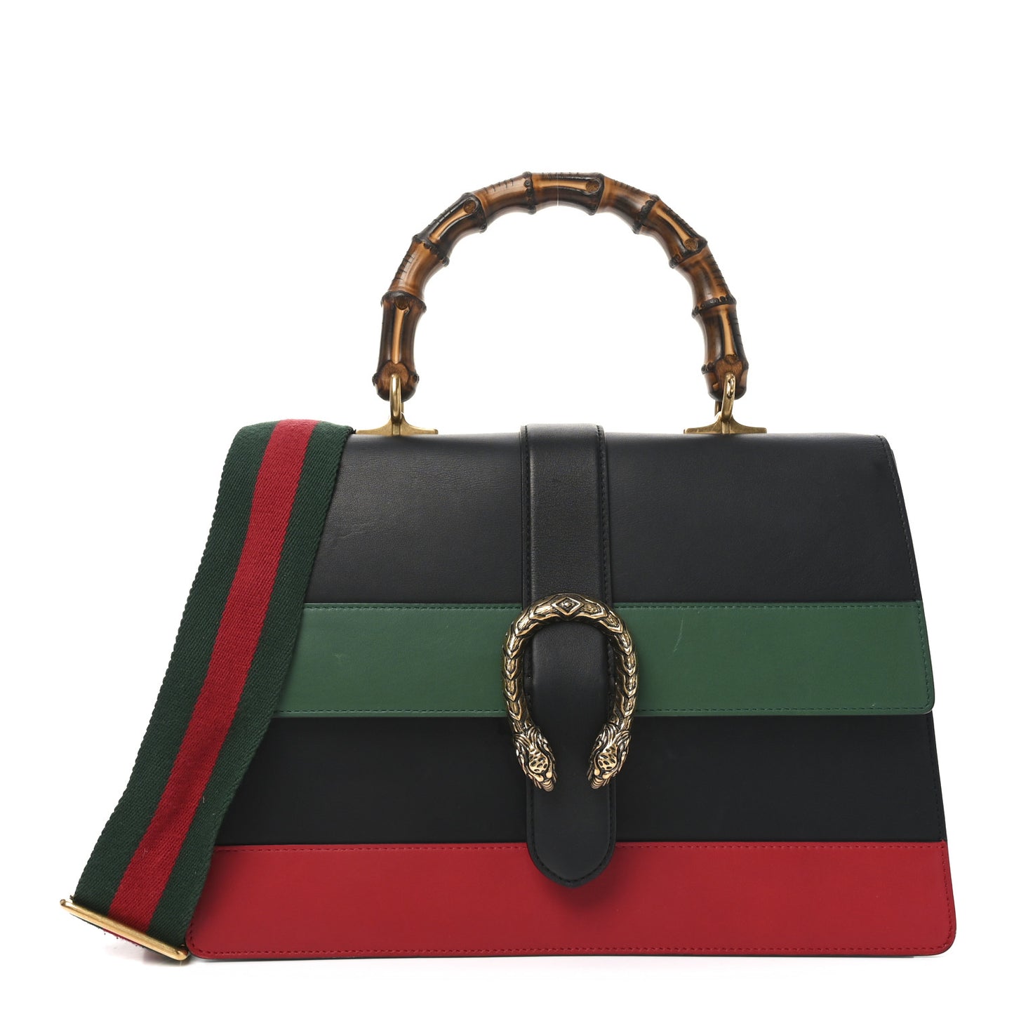 Calfskin Bamboo Web Large Dionysus Top Handle Bag Black Bright Evergreen Hibiscus Red