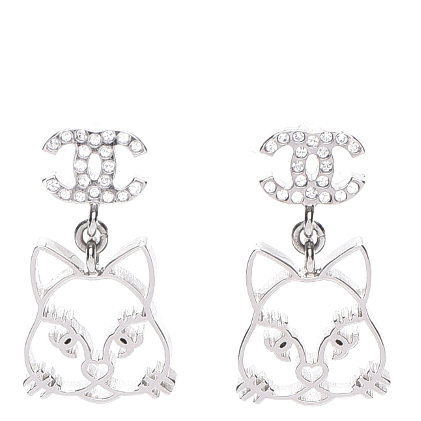 Crystal Emoji Choupette Cat CC Earrings Silver