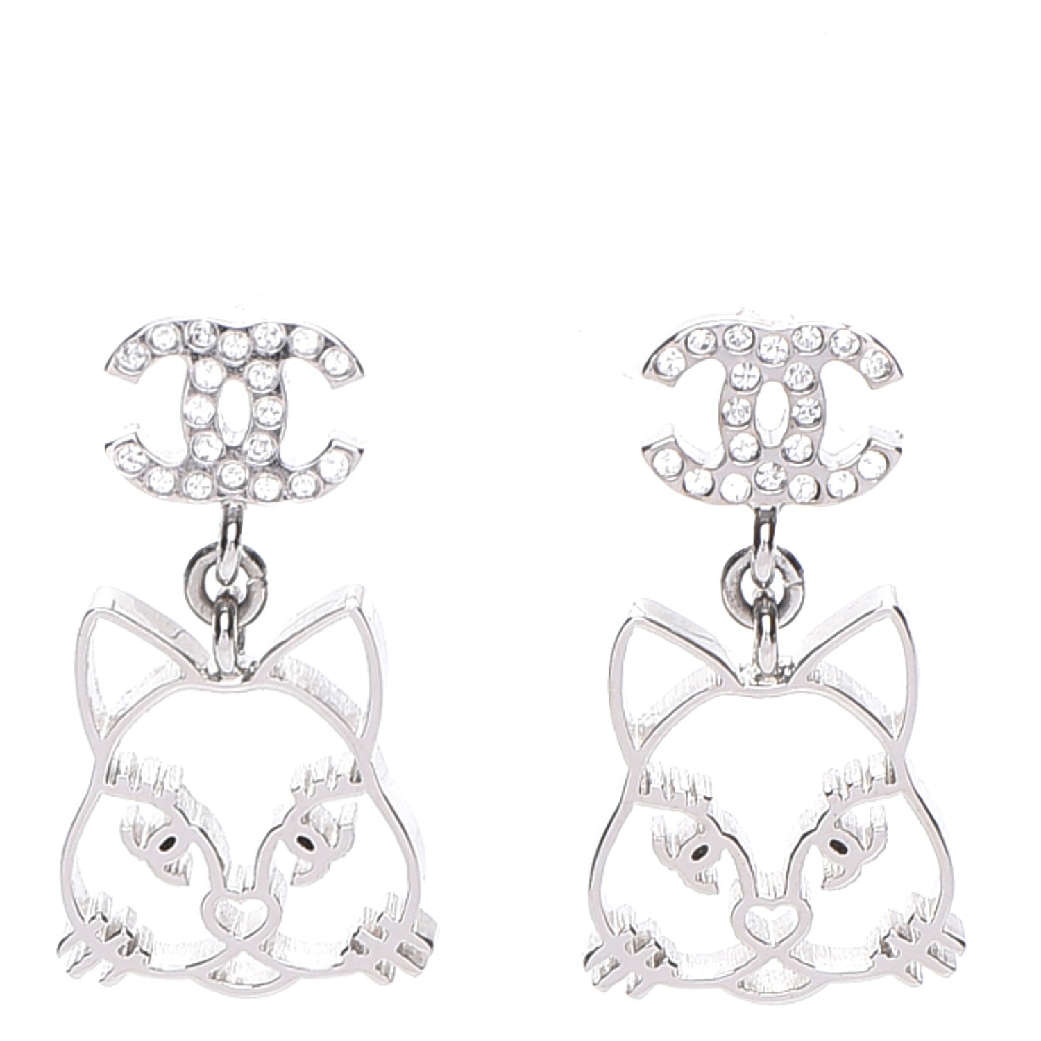 Chanel Crystal Emoji Choupette Cat CC Earrings Silver 1 of 6
