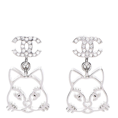 Chanel Crystal Emoji Choupette Cat CC Earrings Silver 1 of 6