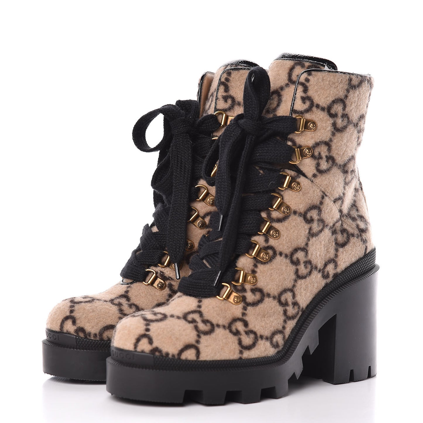 Covered Wool GG Monogram Womens Lace Up Combat Ankle Boots 39 Beige Ebony Black