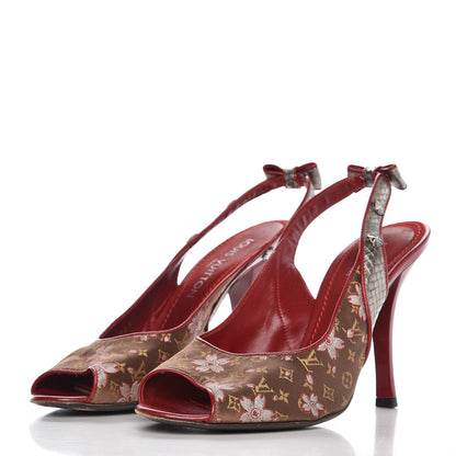 Louis Vuitton Satin Monogram Cherry Blossom Slingback Pumps 40 Red 3 of 14