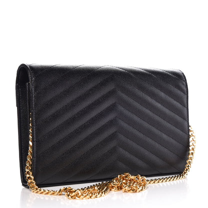 Saint Laurent Grain De Poudre Matelasse Chevron Monogram Chain Wallet Black 3 of 8