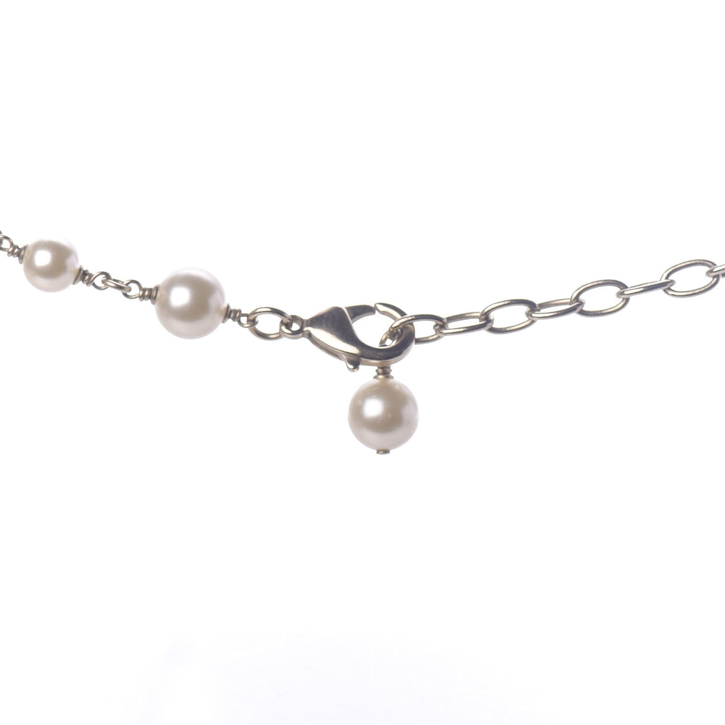 Pearl Crystal Flower CC Long Necklace Golden Pearly White