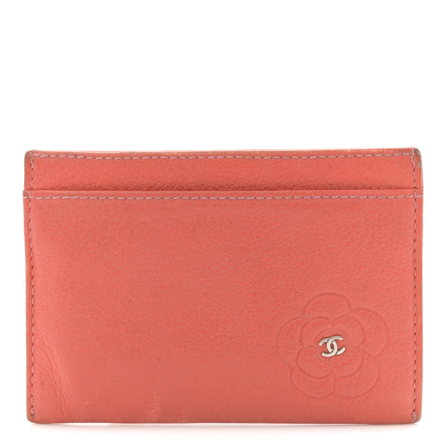 Goatskin Embossed Camellia Card Holder Coral
