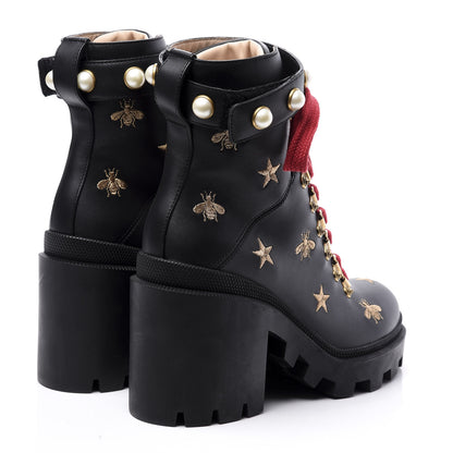 Gucci Calfskin Bee Star Embroidered Lace Up Combat Ankle Boots 37 Black 4 of 11