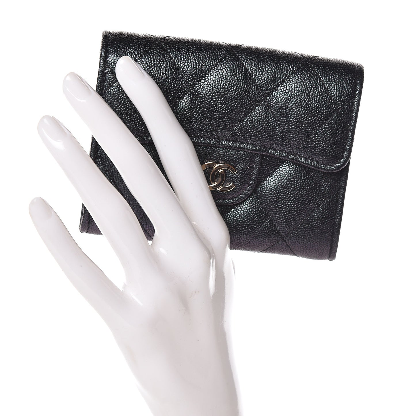Iridescent Caviar Quilted Flap Card Holder Wallet Black