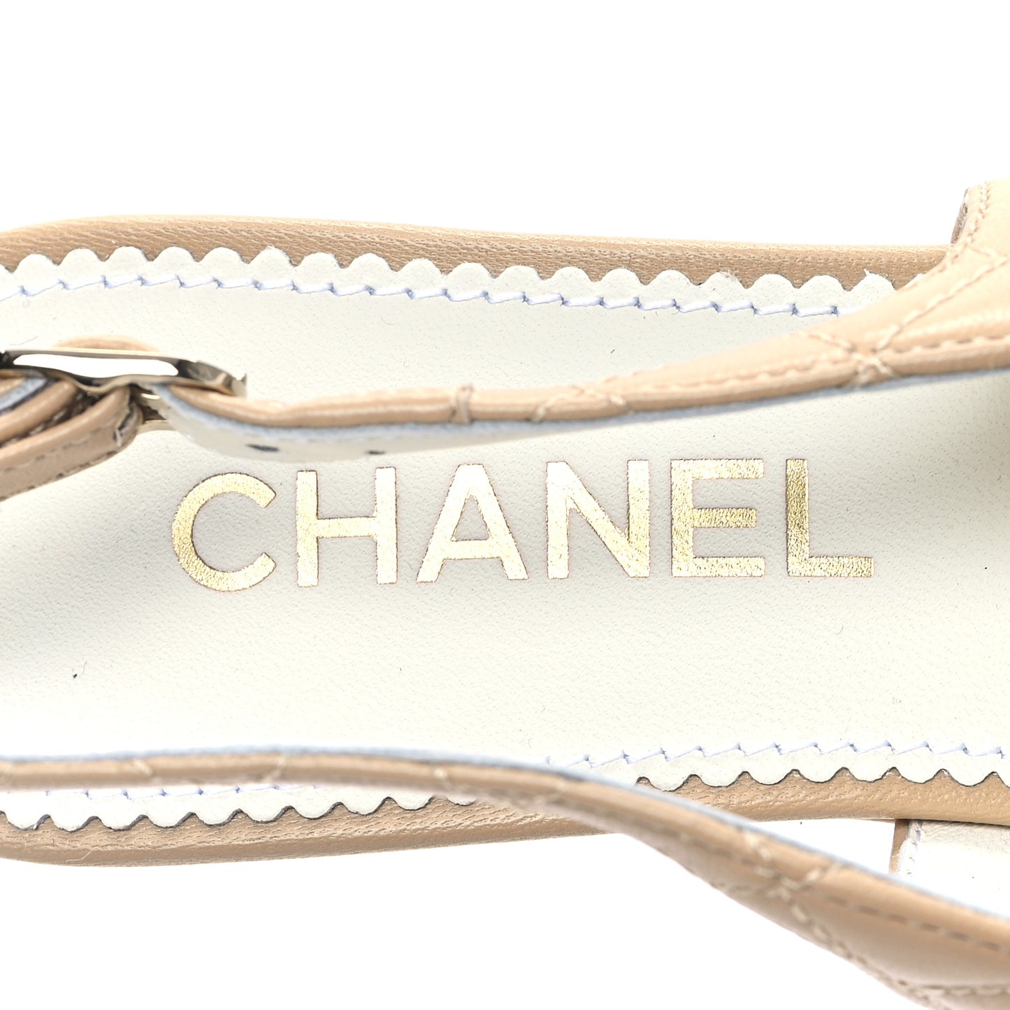 Lambskin Grosgrain Quilted Cap Toe CC Chain Slingback Pumps 38.5 Beige White Black