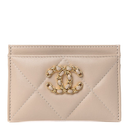 Chanel Shiny Goatskin Quilted Chanel 19 Card Holder Beige 1 of 9