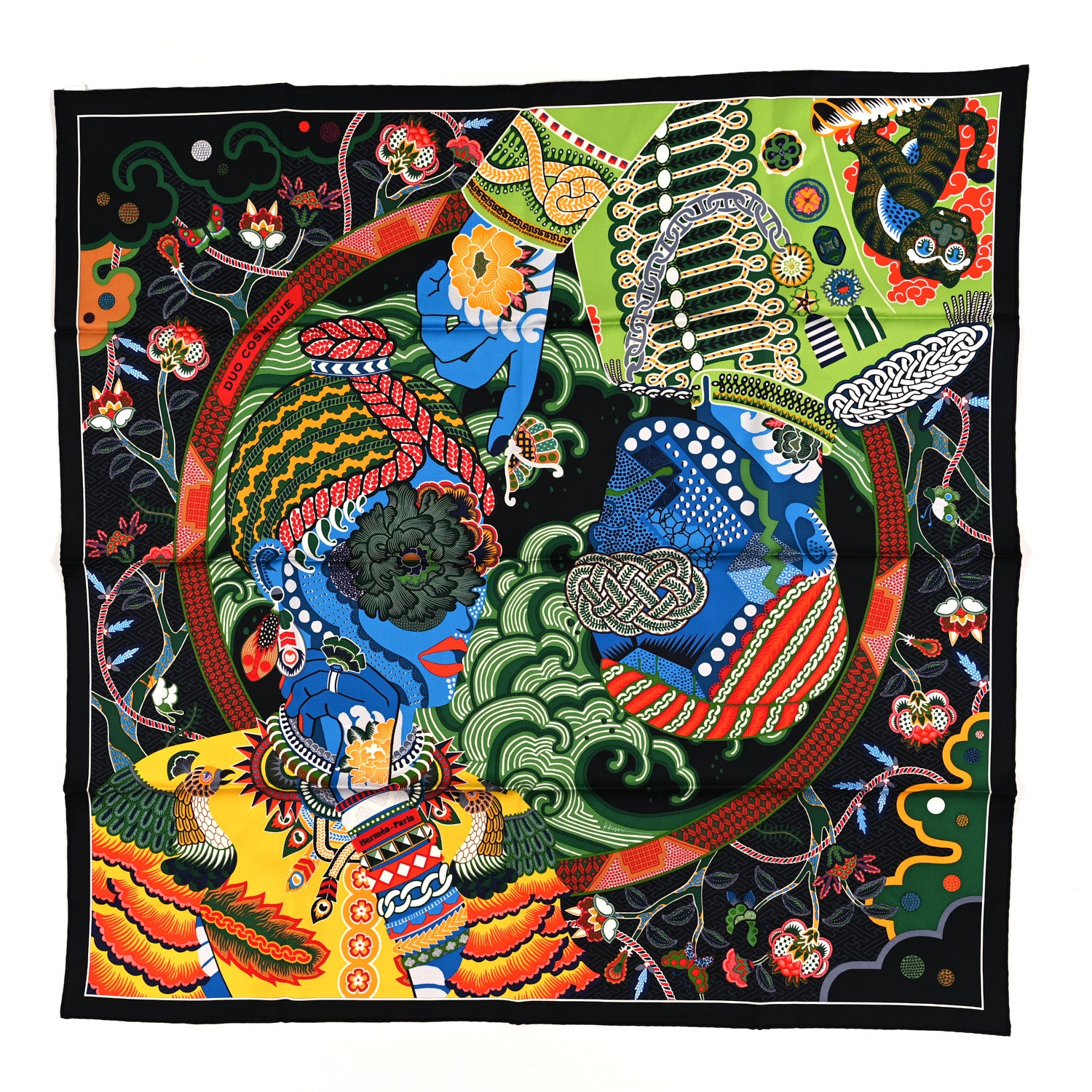 Hermes Silk Twill Duo Cosmique Scarf 90 Black Vert Multicolor 1 of 3