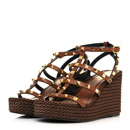 Valentino Garavani Calfskin Rockstud Ankle Strap Torchon Espadrille Caged 25/95mm Wedge Sandals 37 Cuoio 3 of 7