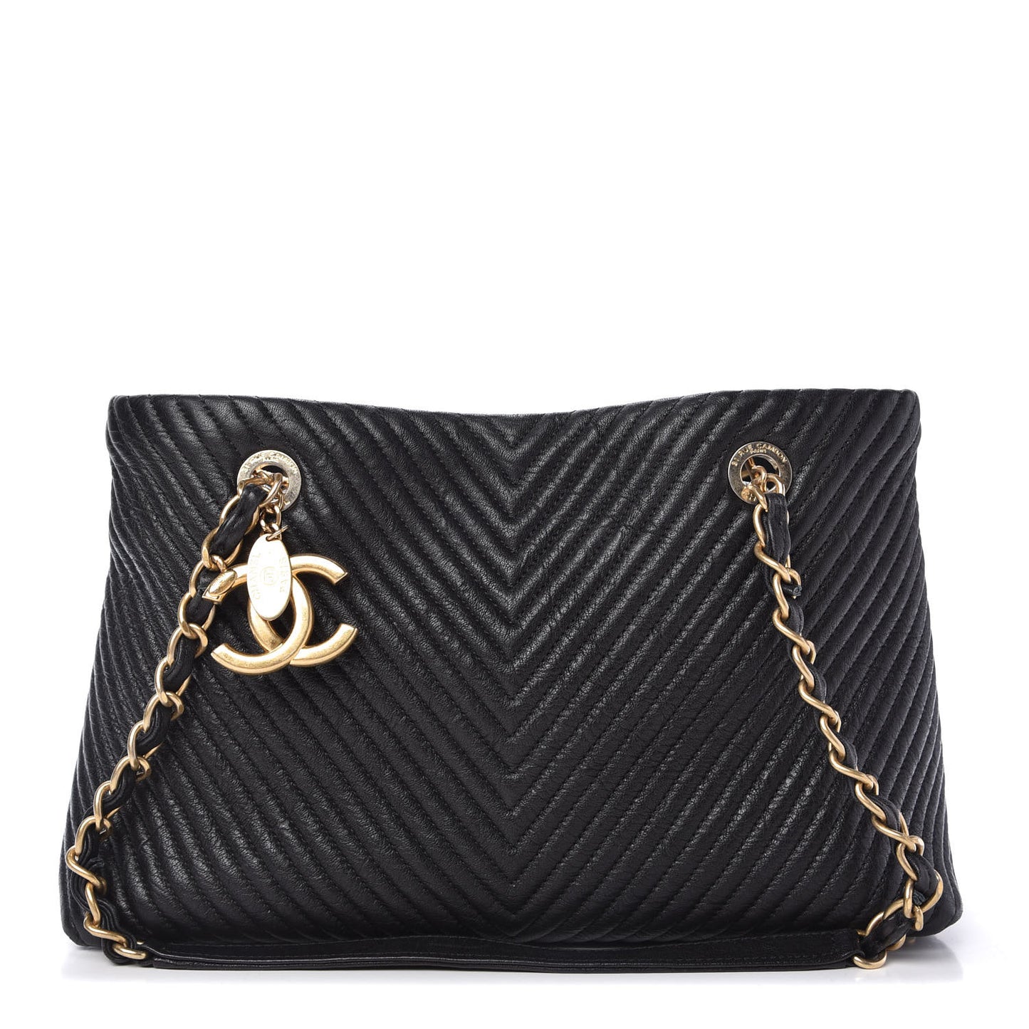 Wrinkled Lambskin Chevron Quilted Surpique Tote Black