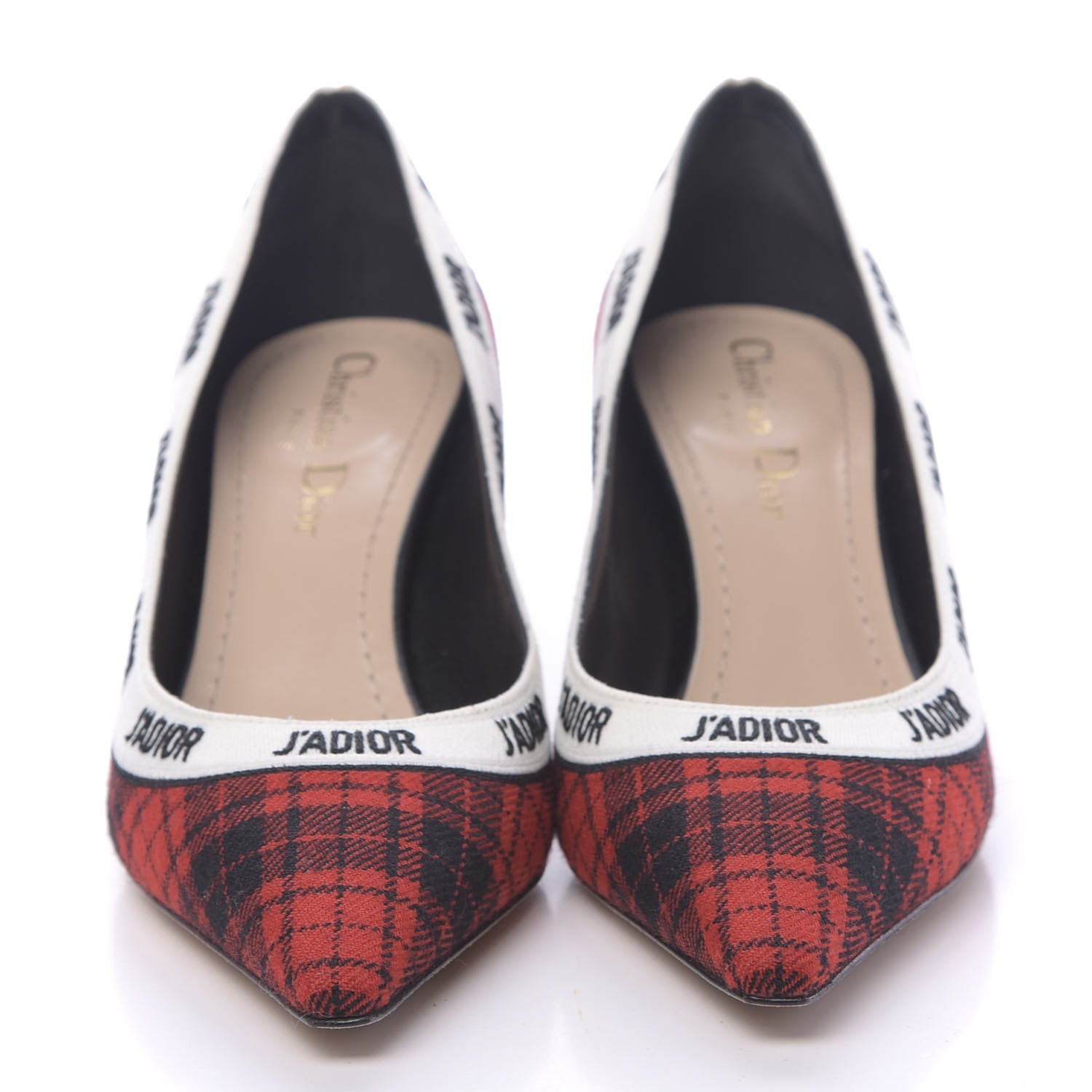 Christian Dior Canvas Ribbon Tartan Print Embroidered J'Adior 60mm Pumps 35.5 Black Red 2 of 9