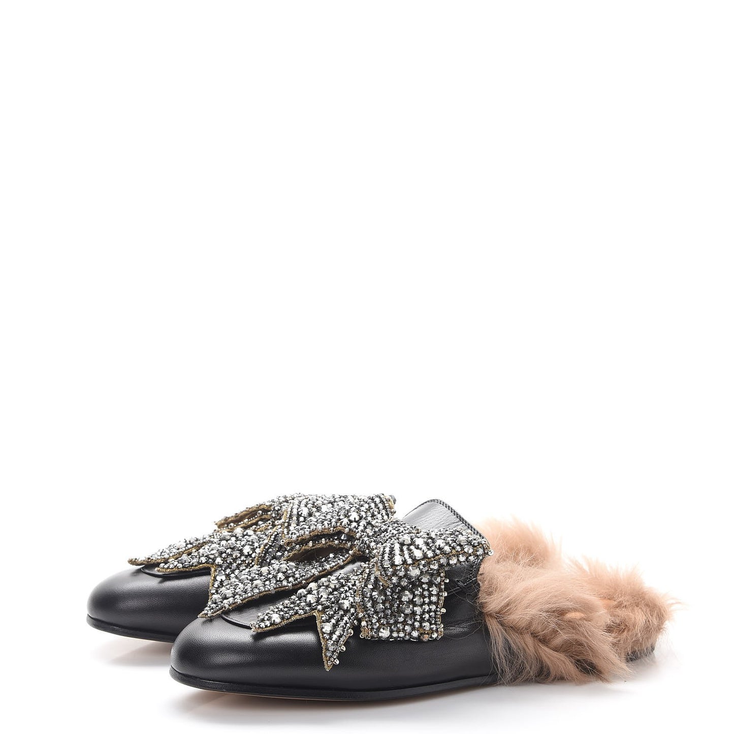 Malaga Kid Fur Crystal Bow Embroidered Womens Princetown Slippers 37.5 Black
