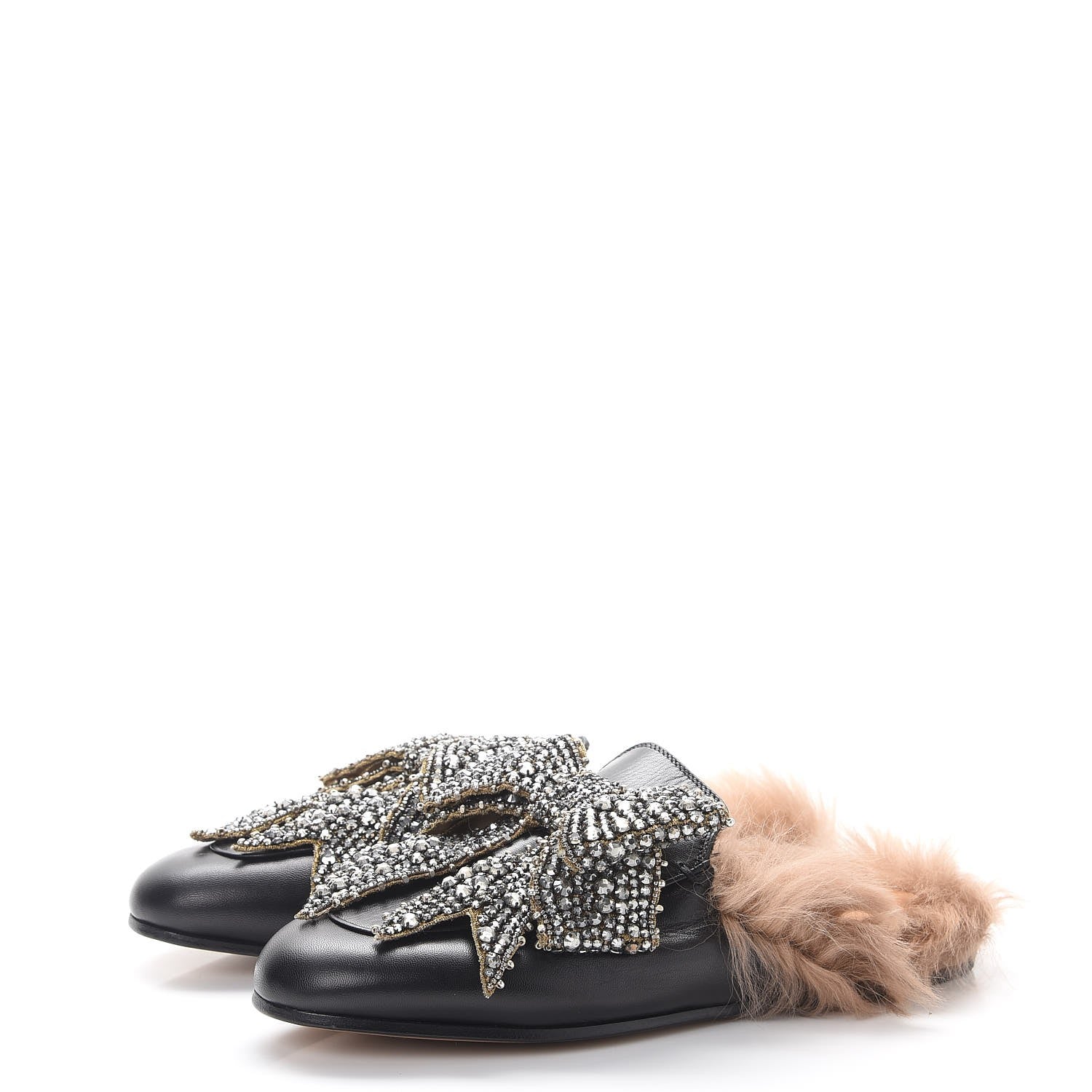 Gucci Malaga Kid Fur Crystal Bow Embroidered Womens Princetown Slippers 37.5 Black 3 of 7