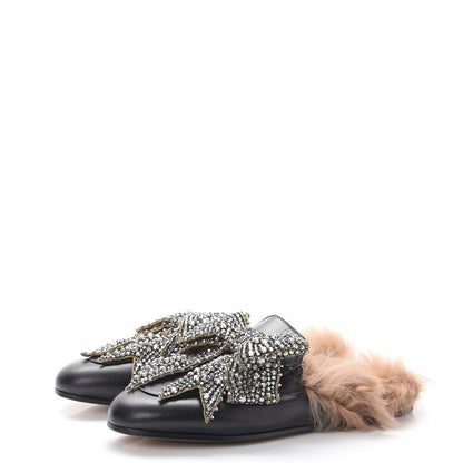 Gucci Malaga Kid Fur Crystal Bow Embroidered Womens Princetown Slippers 37.5 Black 3 of 7