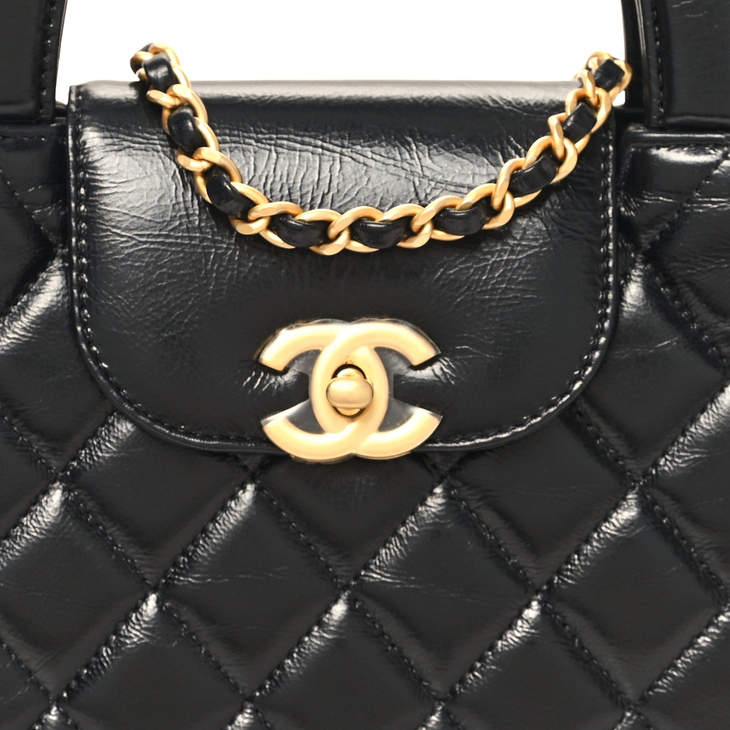 Shiny Aged Calfskin Quilted Nano Kelly Shopper Black