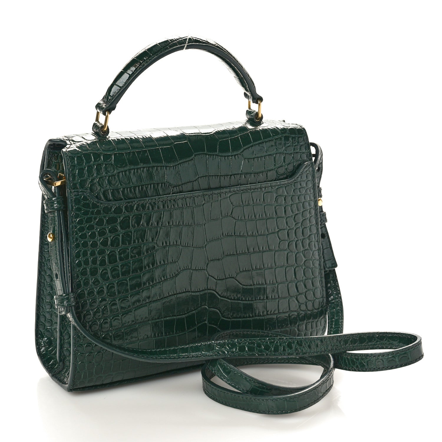 Saint Laurent Calfskin Crocodile Embossed Mini Classic Monogram Cassandra Top Handle Dark Mint 3 of 16