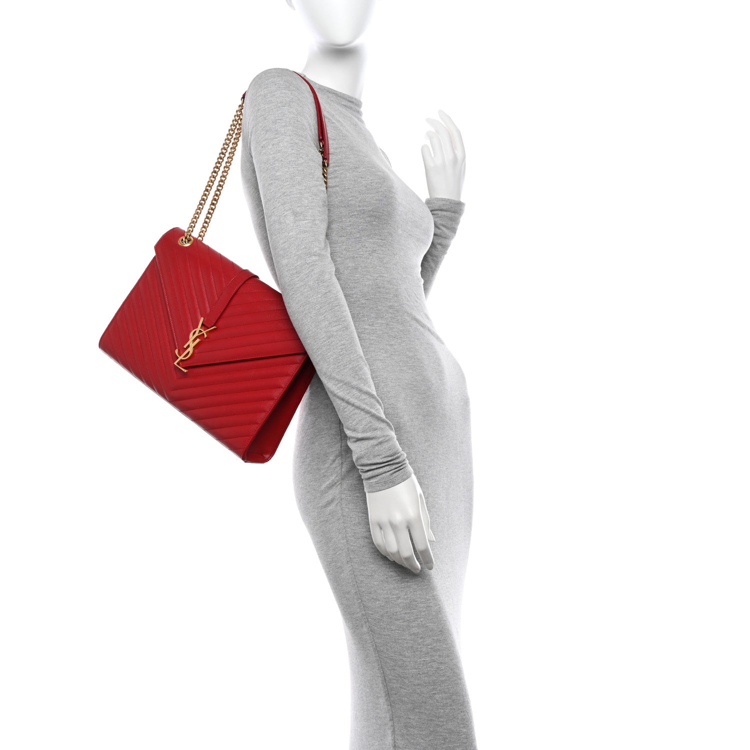 Saint Laurent Grain De Poudre Matelasse Chevron Large Monogram Satchel Lipstick Red 3 of 11