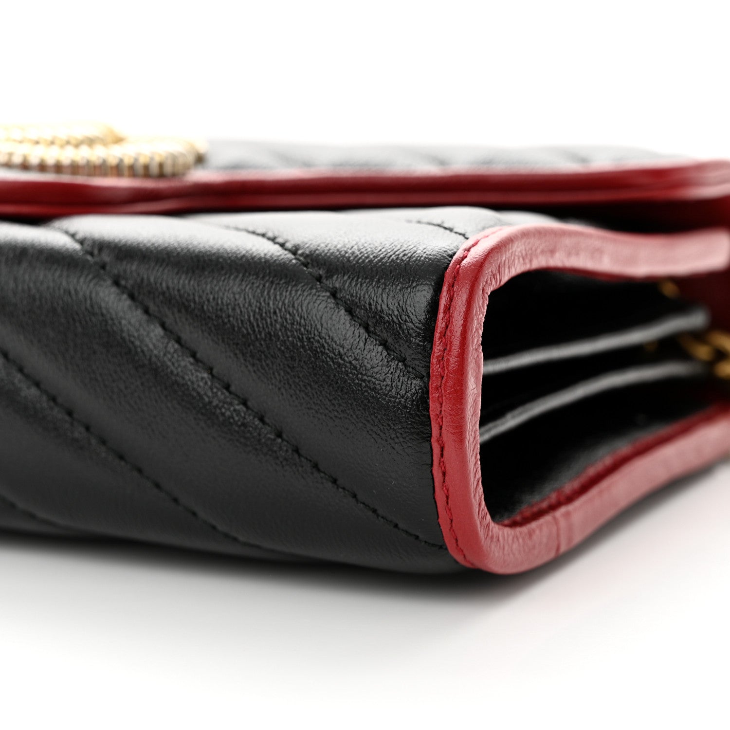Gucci Vintage Effect Calfskin Matelasse Diagonal Torchon GG Marmont Chain Wallet Black Romantic Cherry 9 of 11