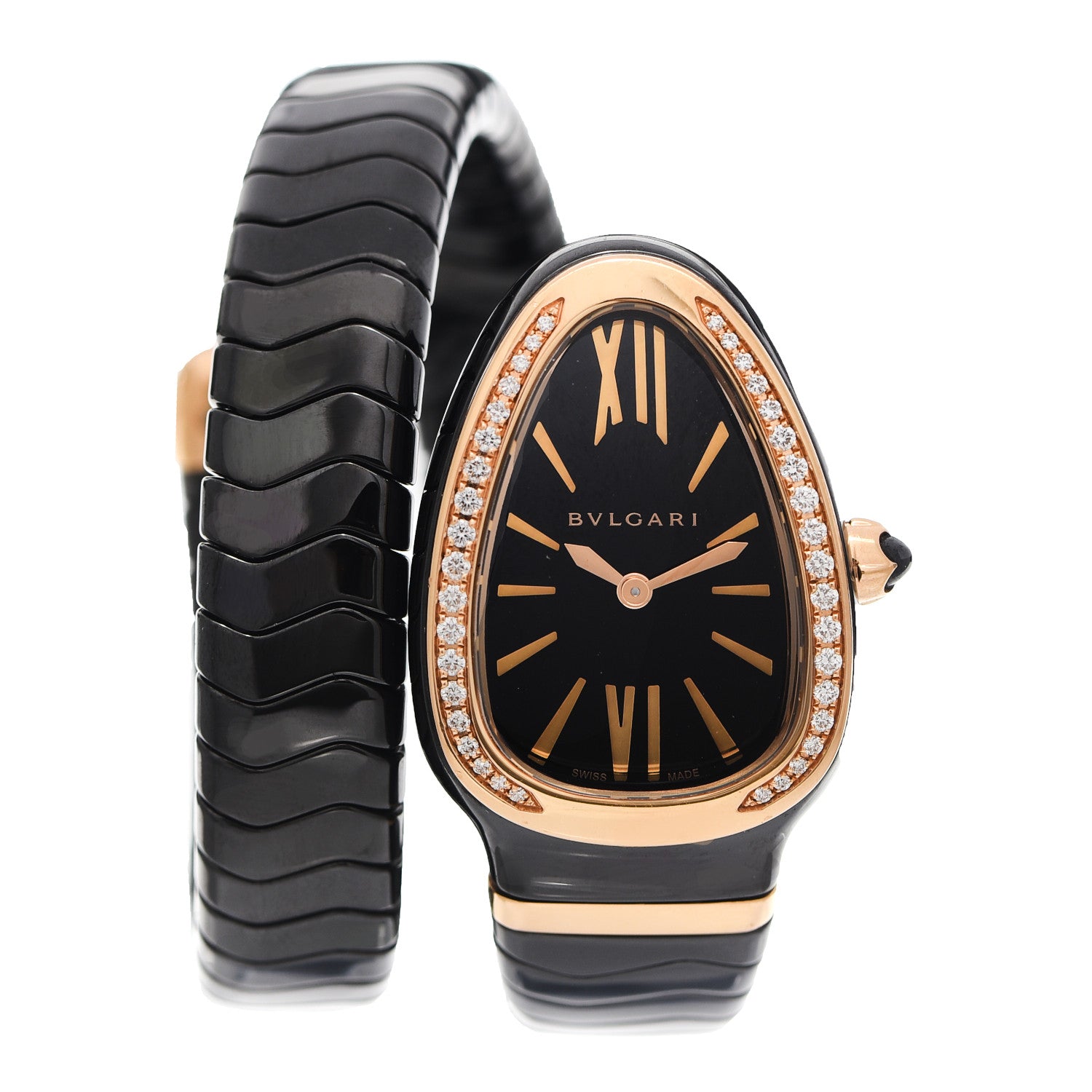 Bulgari 18K Rose Gold Ceramic Diamond Bezel 35mm Serpenti Tubogas Quartz Watch Black 1 of 5