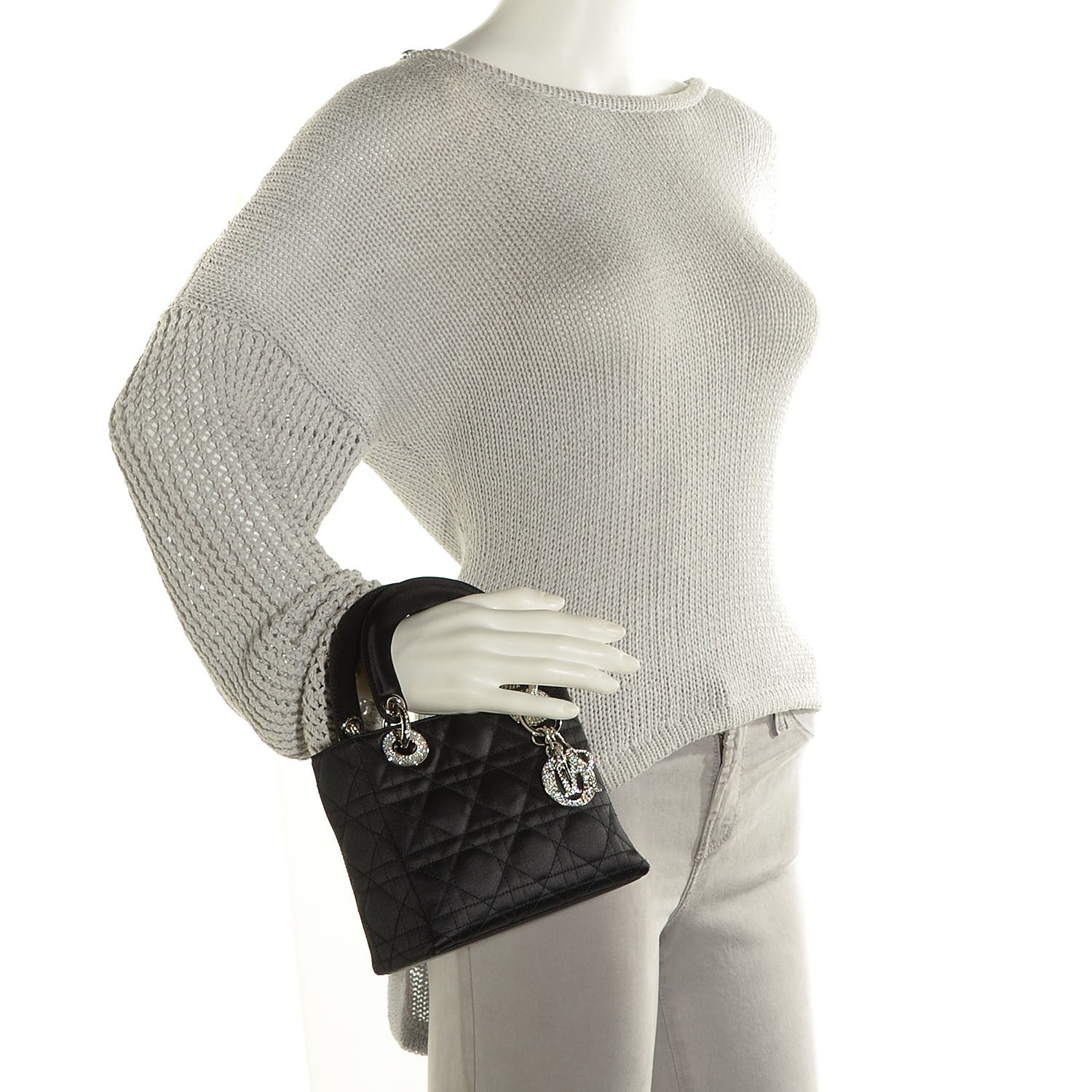 Christian Dior Satin Swarovski Crystal Cannage Mini Lady Dior Black 2 of 7