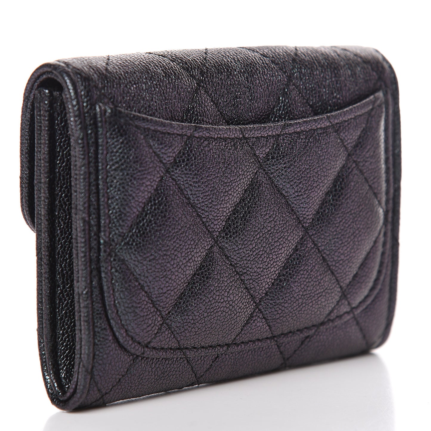 Iridescent Caviar Quilted Flap Card Holder Wallet Black