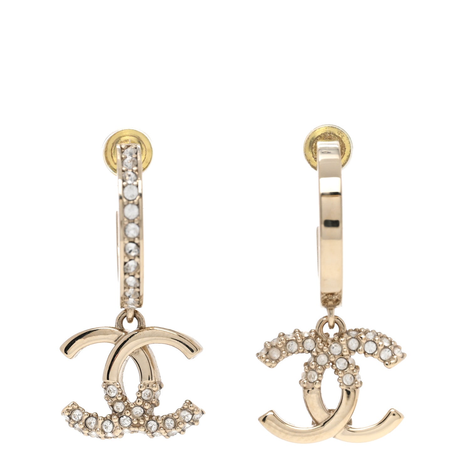 Chanel Crystal Bead CC Hoop Drop Earrings Light Gold 1 of 6