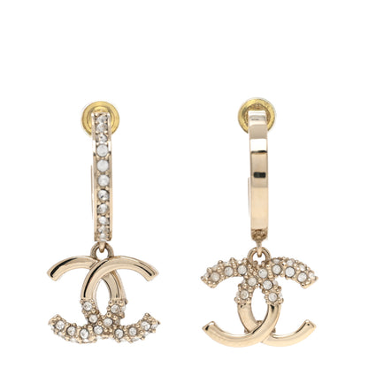 Chanel Crystal Bead CC Hoop Drop Earrings Light Gold 1 of 6
