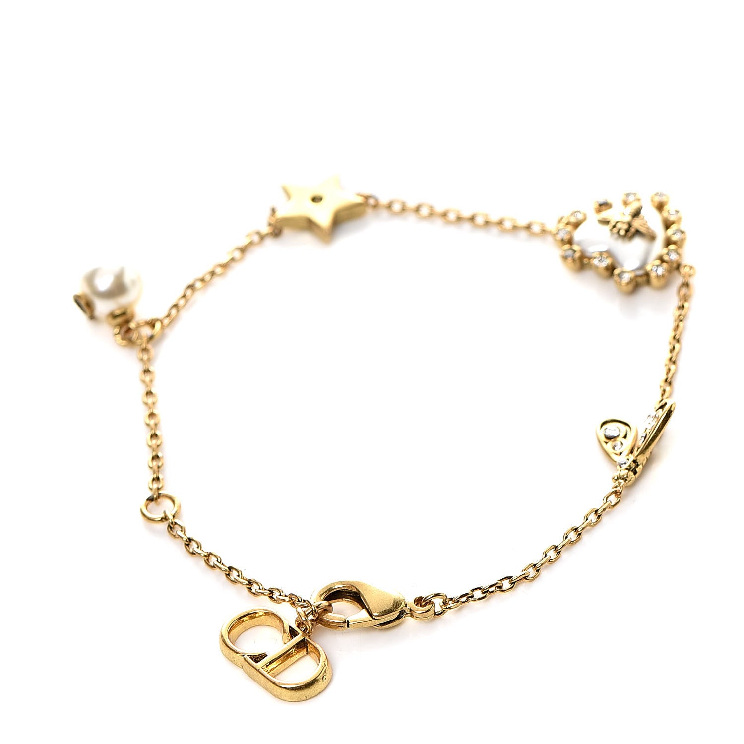 Christian Dior CD Crystal Heart Station Charms Bracelet Gold 3 of 4