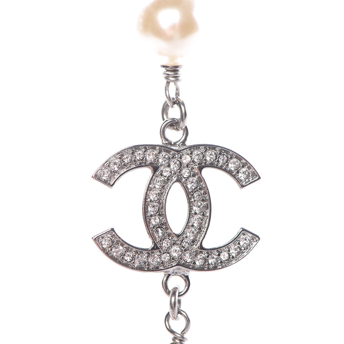 Crystal Pearl CC Long Necklace Silver