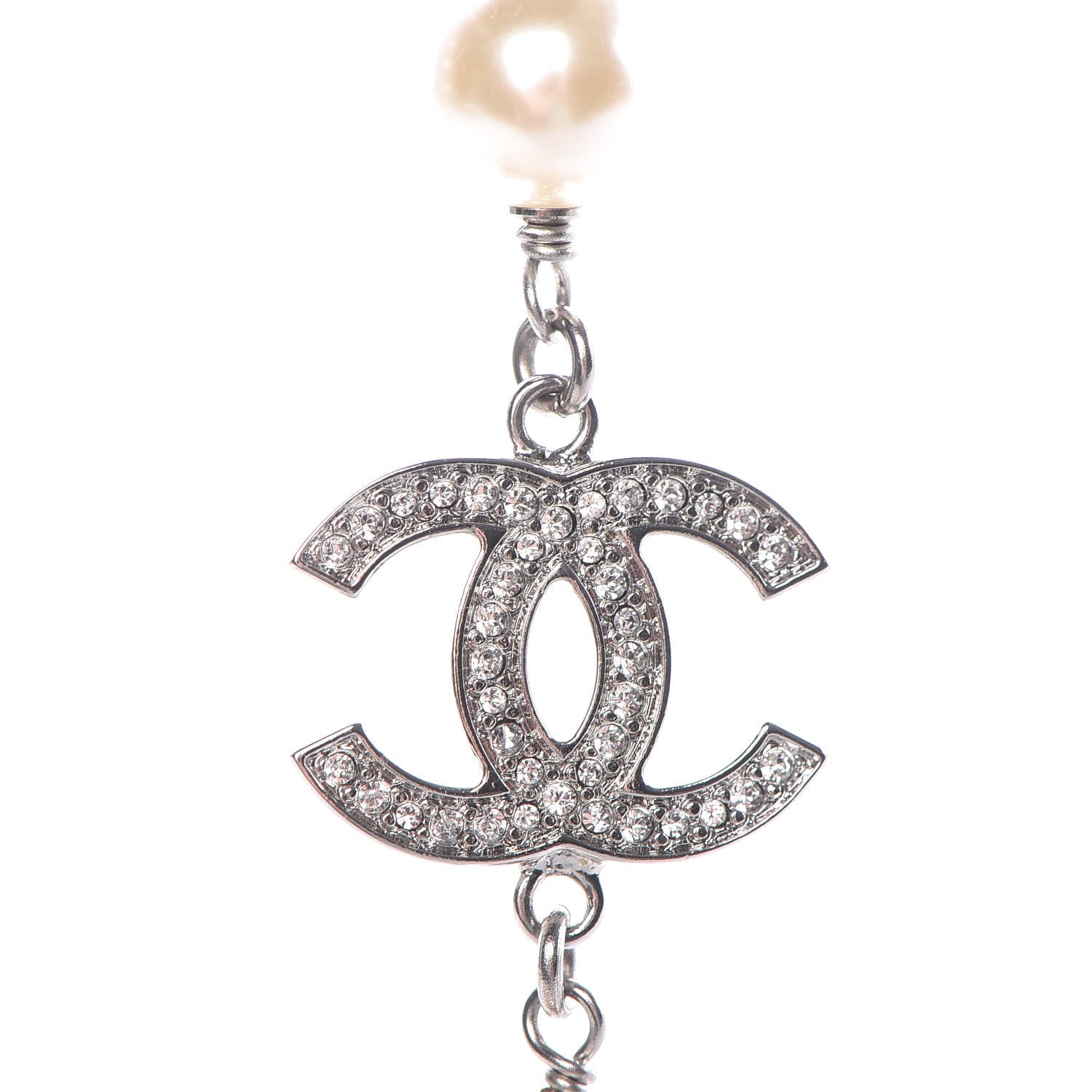 Chanel Crystal Pearl CC Long Necklace Silver 6 of 7