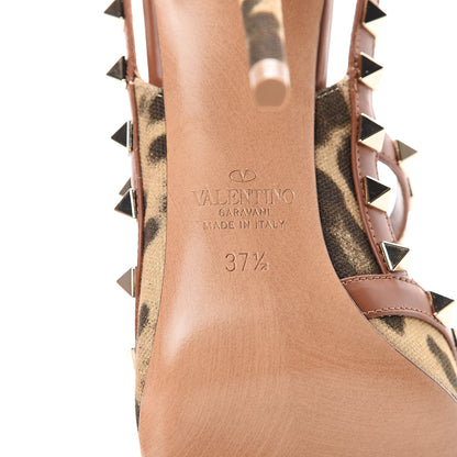 Valentino Garavani Canvas Leopard Print Rockstud Ankle Strap Pumps 37.5 Brown 7 of 8