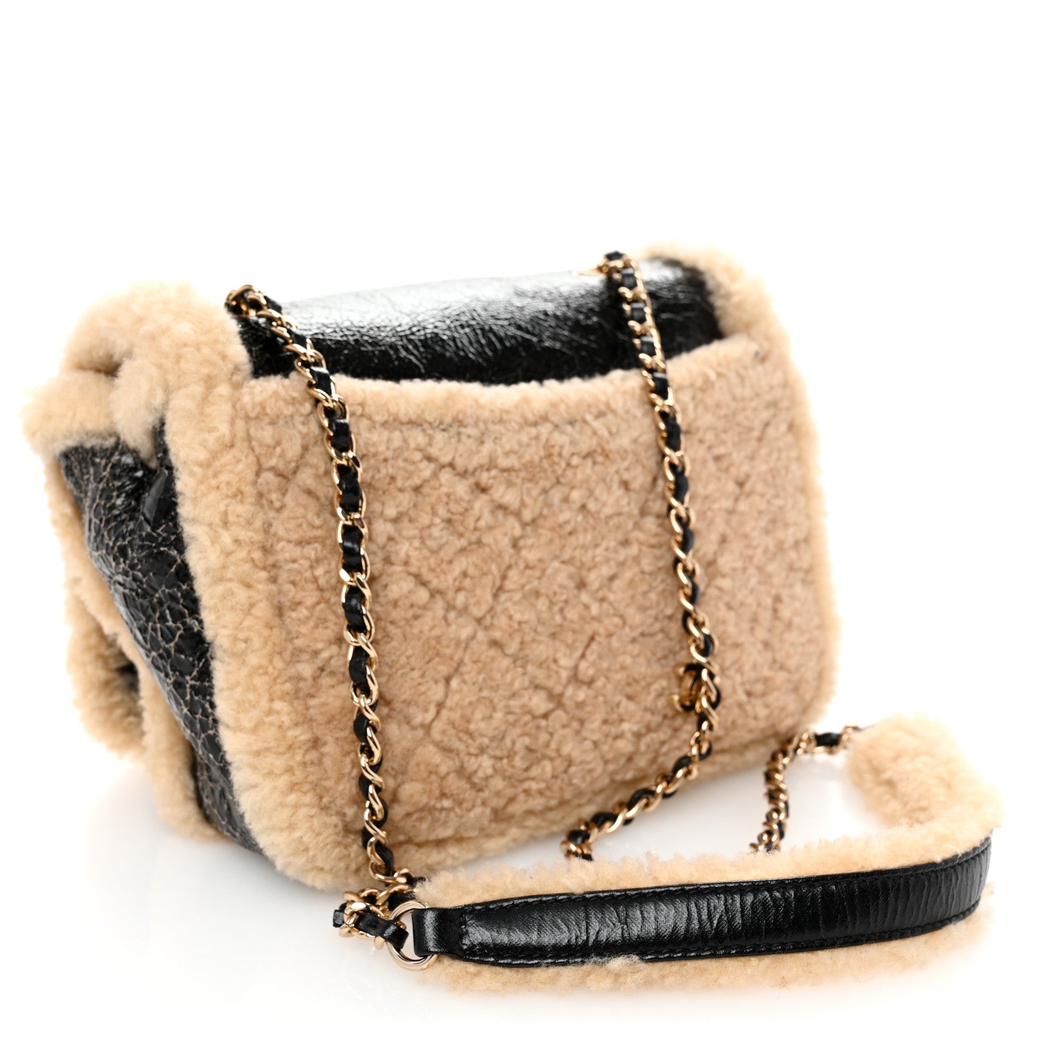 Chanel Shiny Crumpled Sheepskin Shearling CC Mania Flap Bag Black Beige 3 of 10