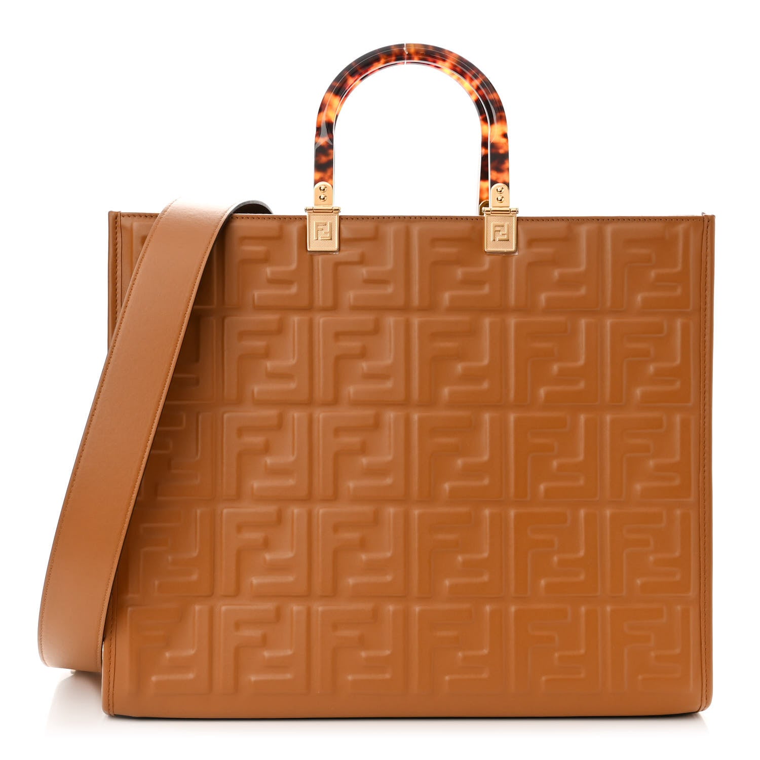 Fendi Vitello Plexiglass FF Embossed Medium Fendi Sunshine Shopper Tote Caramello 1 of 10