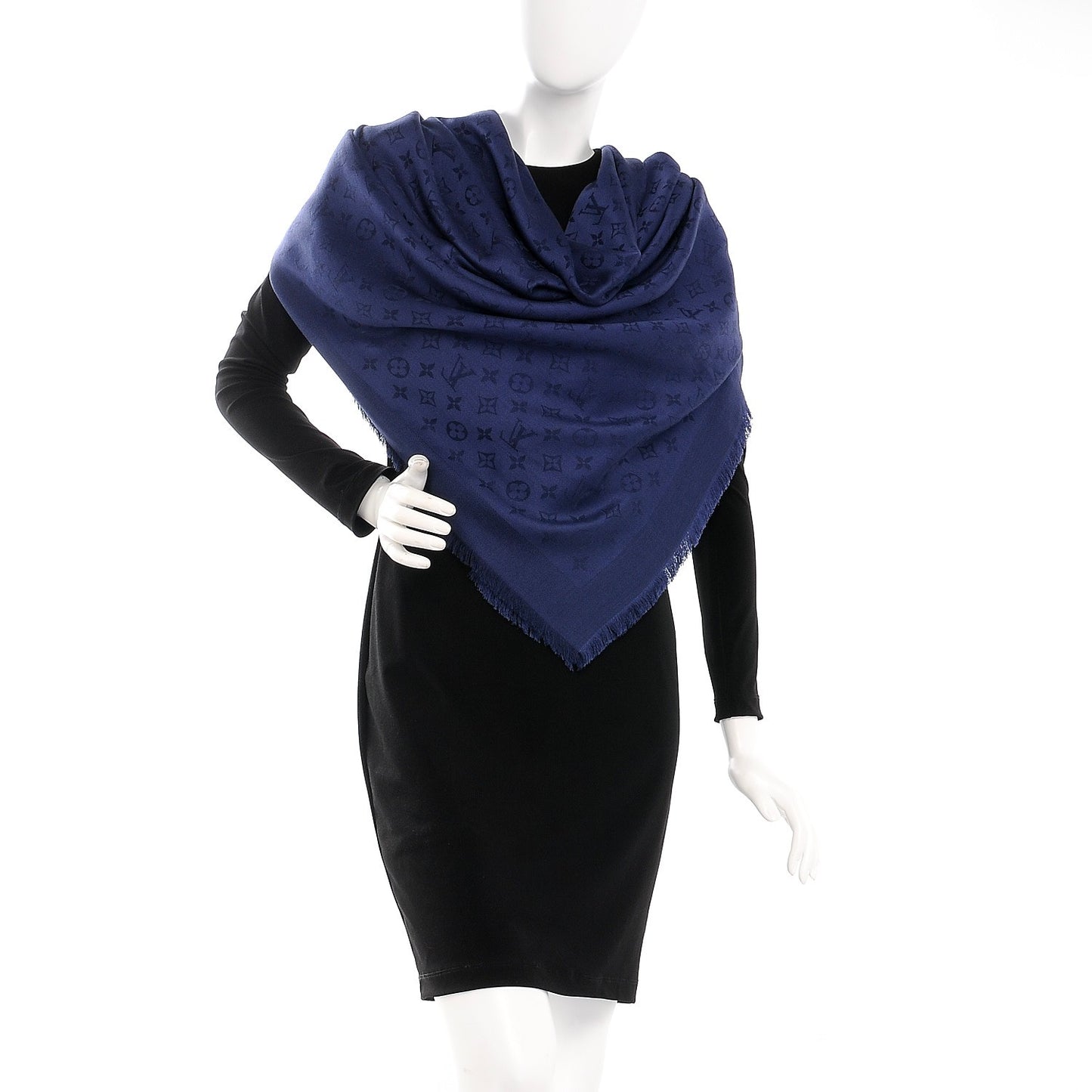 Wool Silk Monogram Shawl Blue Nuit