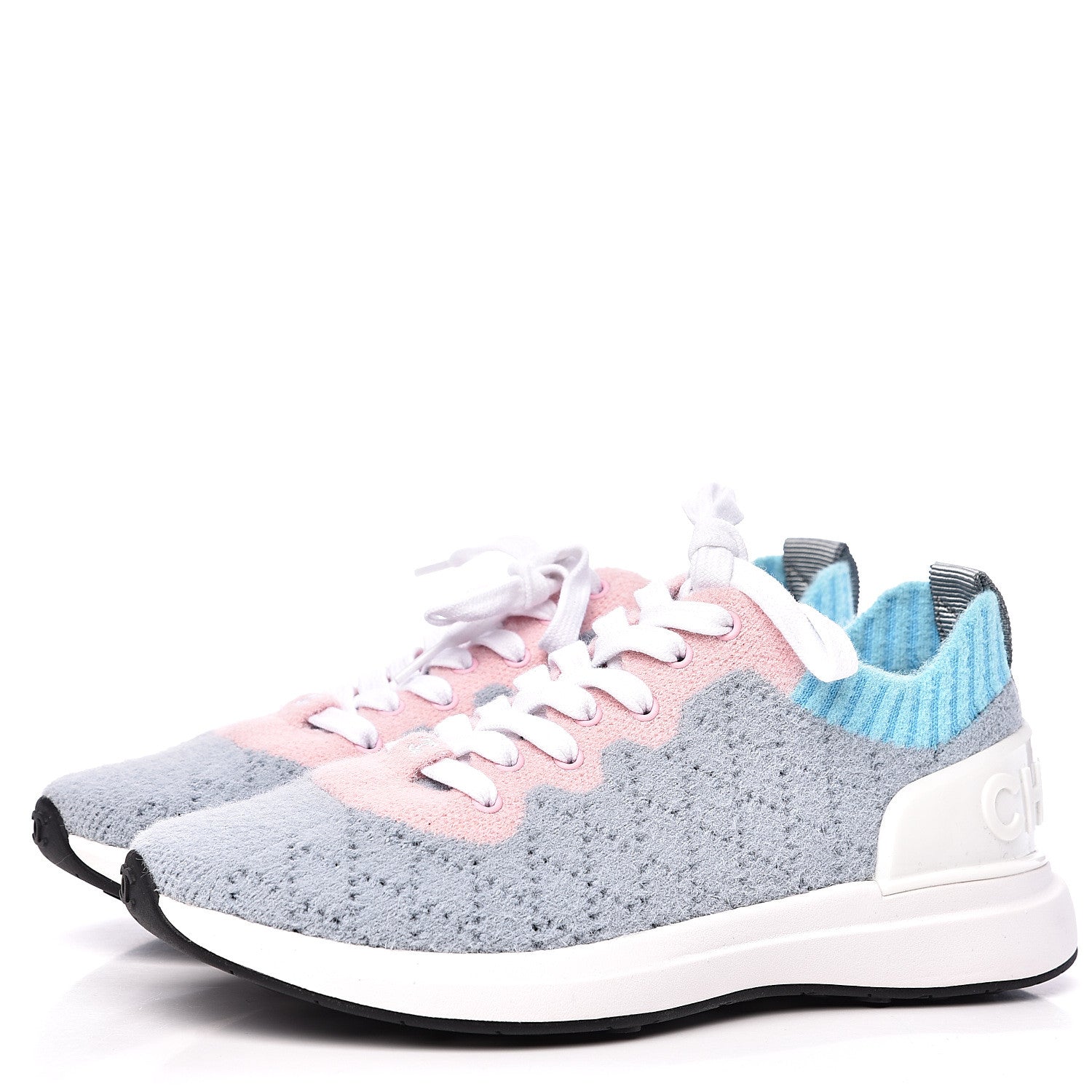Chanel Mixed Fabrics Knit Sneakers 35 Grey Pink Blue 3 of 10