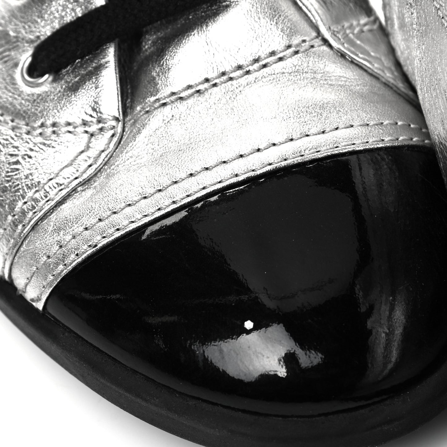 Metallic Lambskin Patent Cap Toe CC Sneakers 39.5 Silver Black