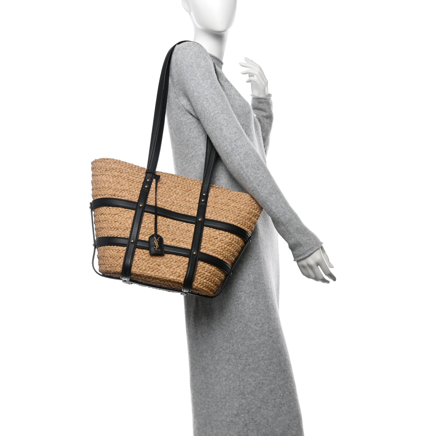 Saint Laurent Raffia Calfskin Caged Tote Naturale Black 3 of 14