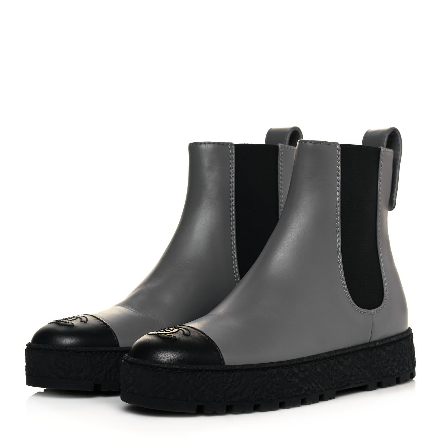 Chanel Calfskin Cap Toe CC Ankle Boots 37 Grey Black 3 of 9
