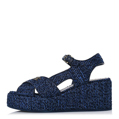 Chanel Silk Linen Tweed Quilted CC Platform Sandals 39.5 Navy Blue Gray 1 of 11