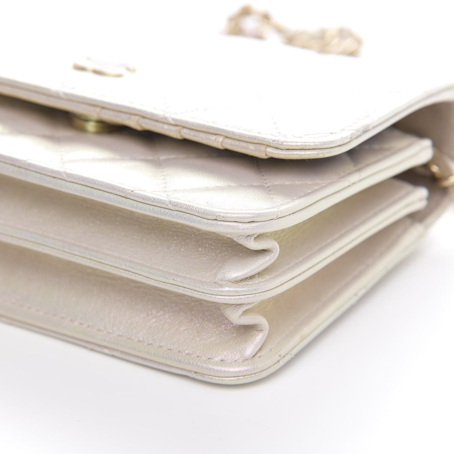 Iridescent Lambskin Quilted Mini Wallet On Chain WOC Ivory